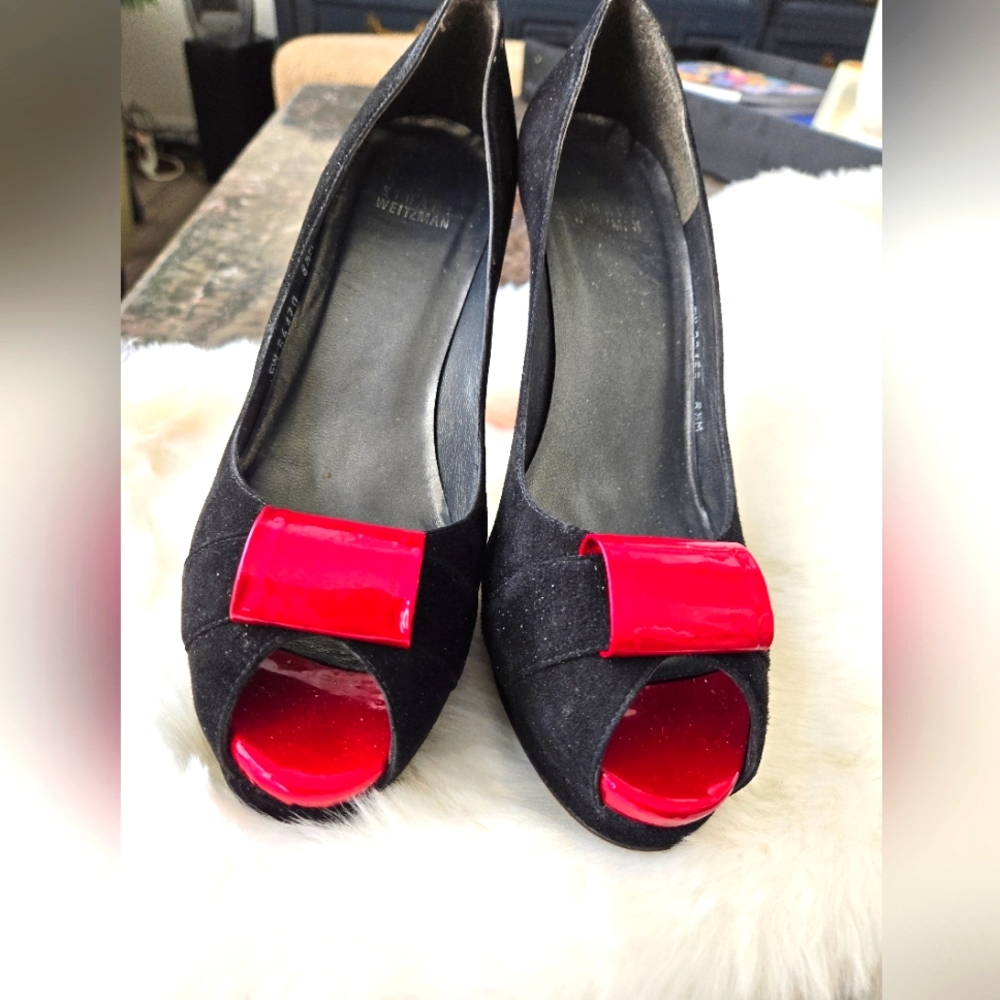 Black/Red suede heels